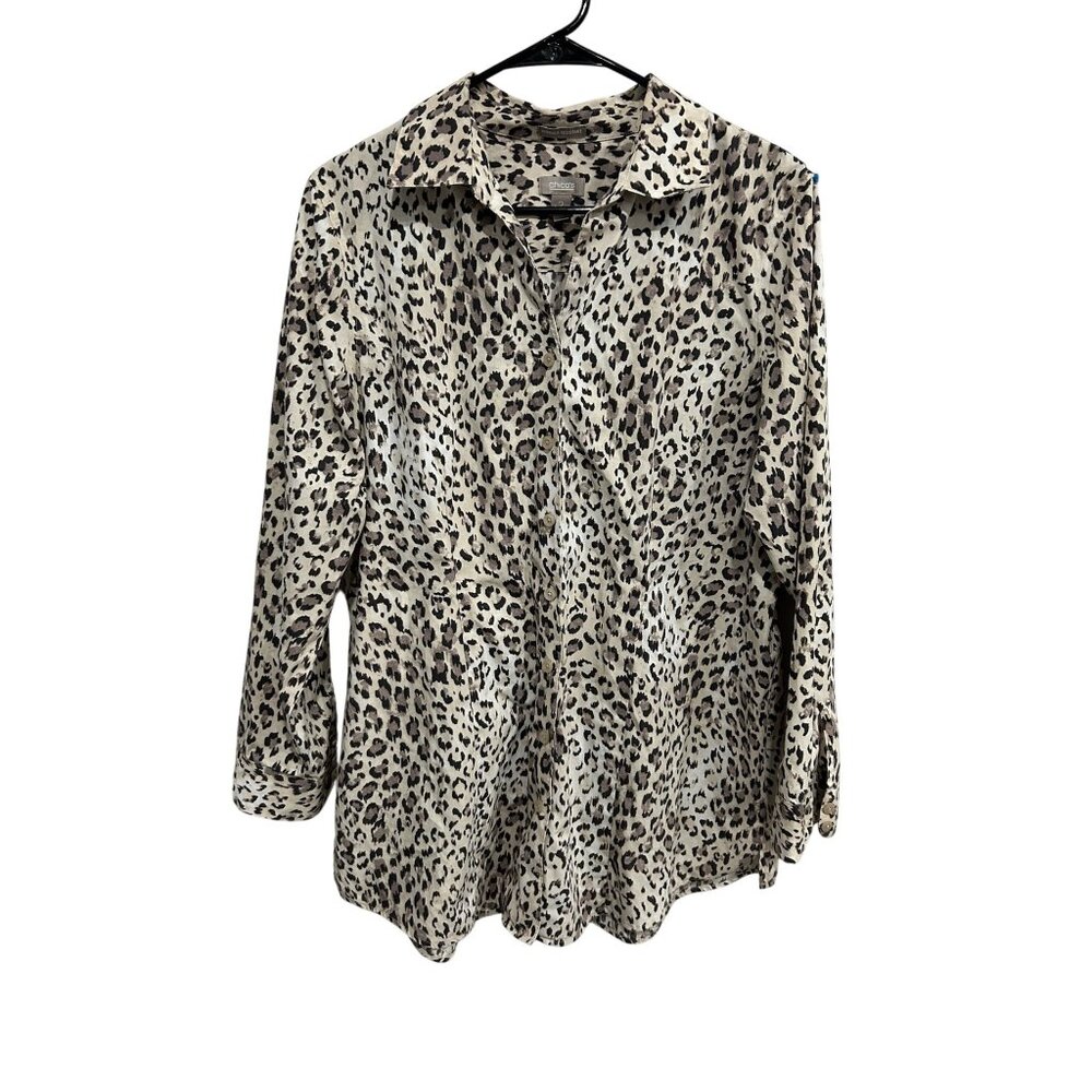 Chico's Leopard Print Long Sleeve Button Up Shirt Beige Black Sz L Animal Print